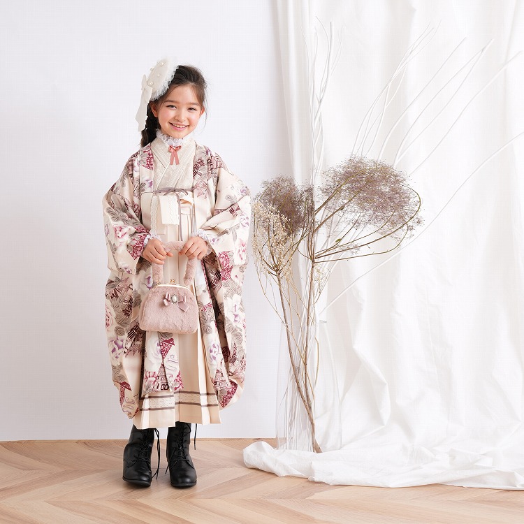 レンタル 七五三 7歳 九重 女の子 レトロ モダン 花 ベージュ系 ピンク
