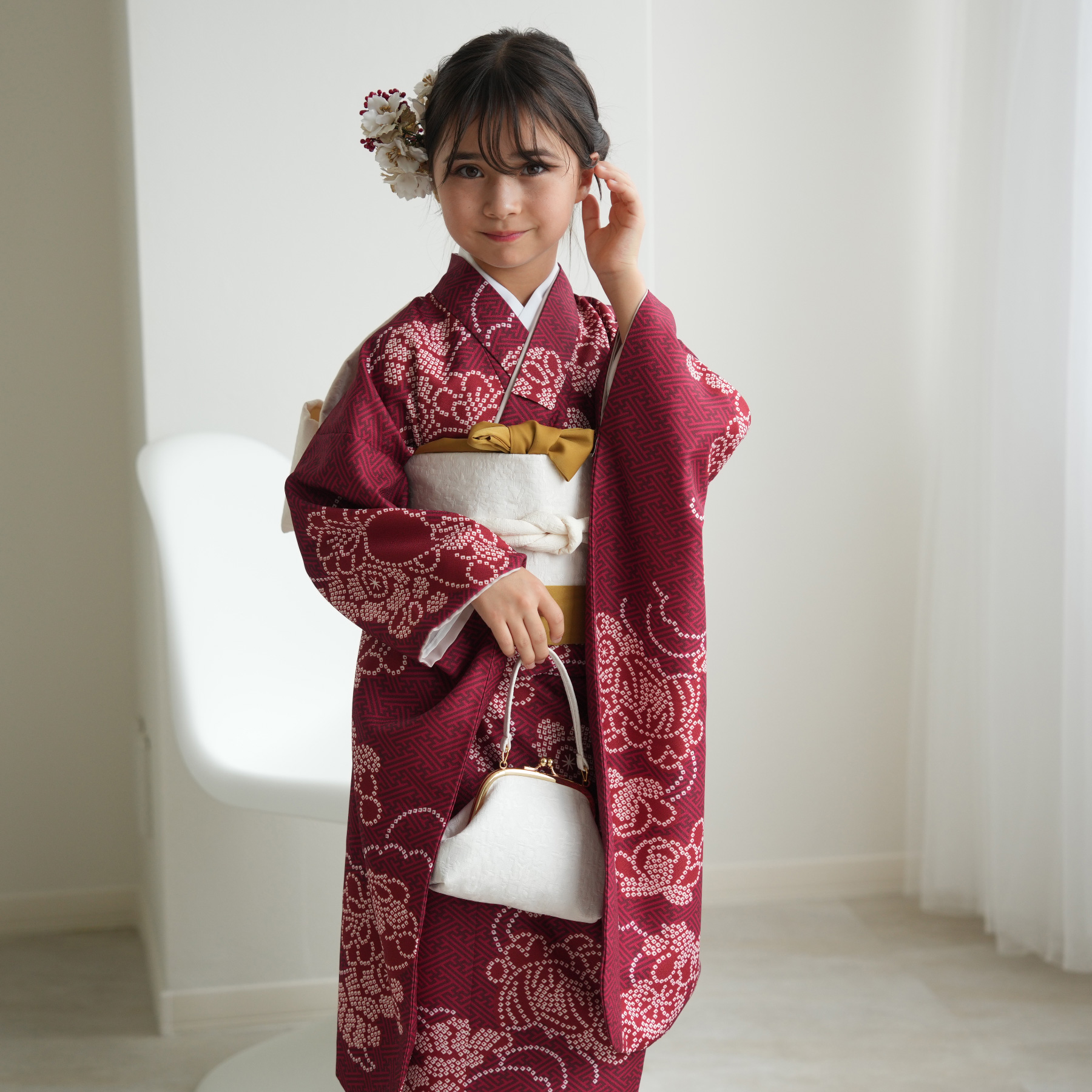 レンタル 10歳 振袖セット 女の子 ひよこ商店 えんじの絞り柄 ハーフ