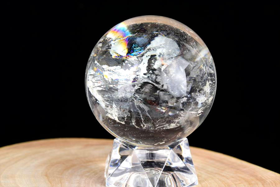 レインボー水晶 丸玉 アイリスクォーツ 天然水晶 現物画像 台座付