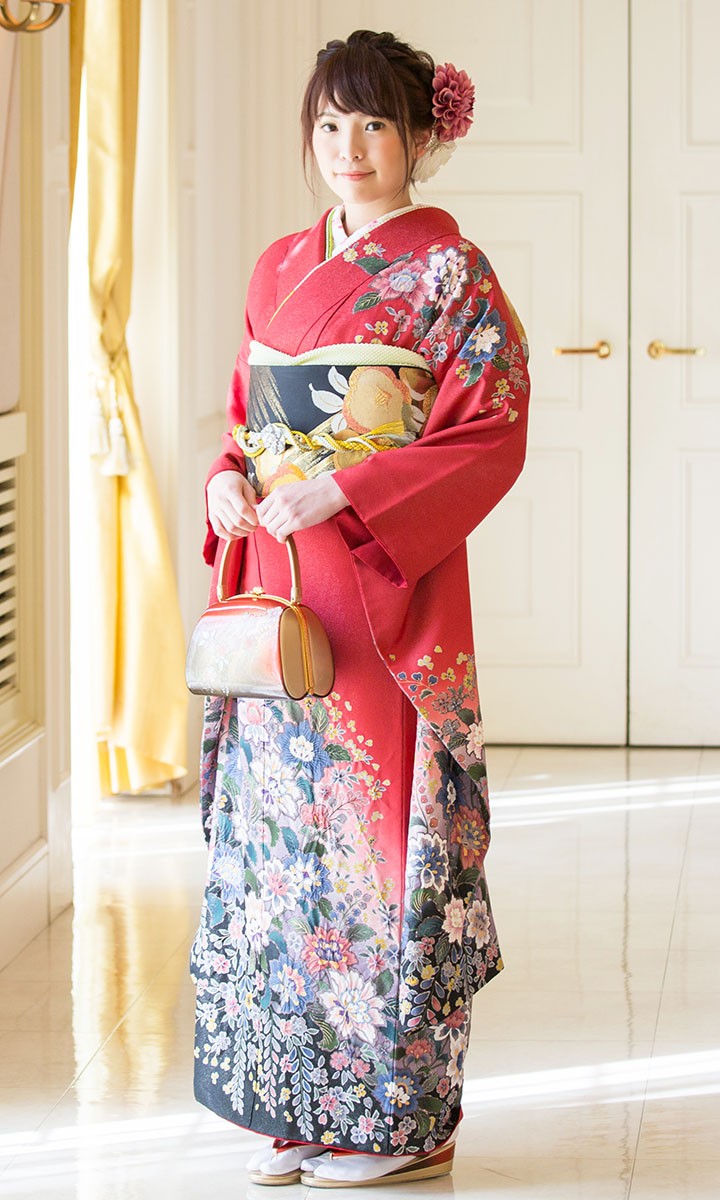 高級正絹 振袖レンタル 送料無料 FS-058 赤系 振袖 成人式 レンタル