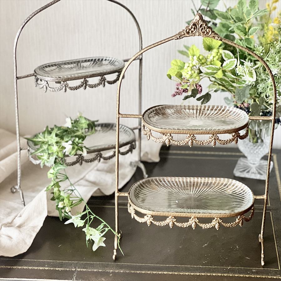 ディスプレイスタンド 2段 ゴールド シルバー 真鍮×ガラス インテリア