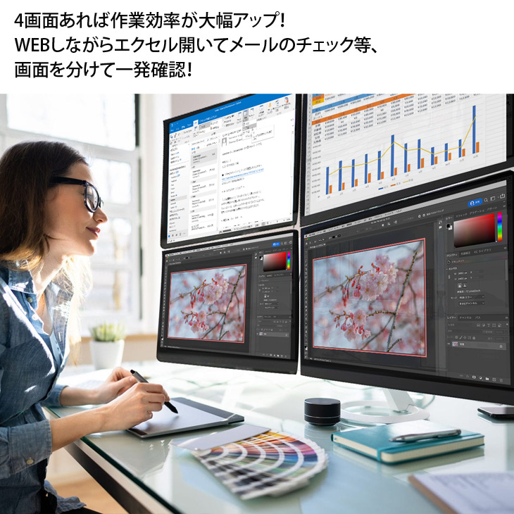 いきなり4画面マルチモニタセット USB1本で接続完了 らくらく複数画面