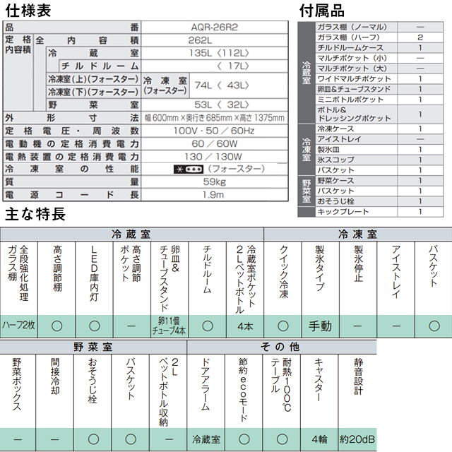 FREEZIA＋ 冷蔵庫 262L AQUA AQR-26R2-N 右開き 片開きタイプ【大型