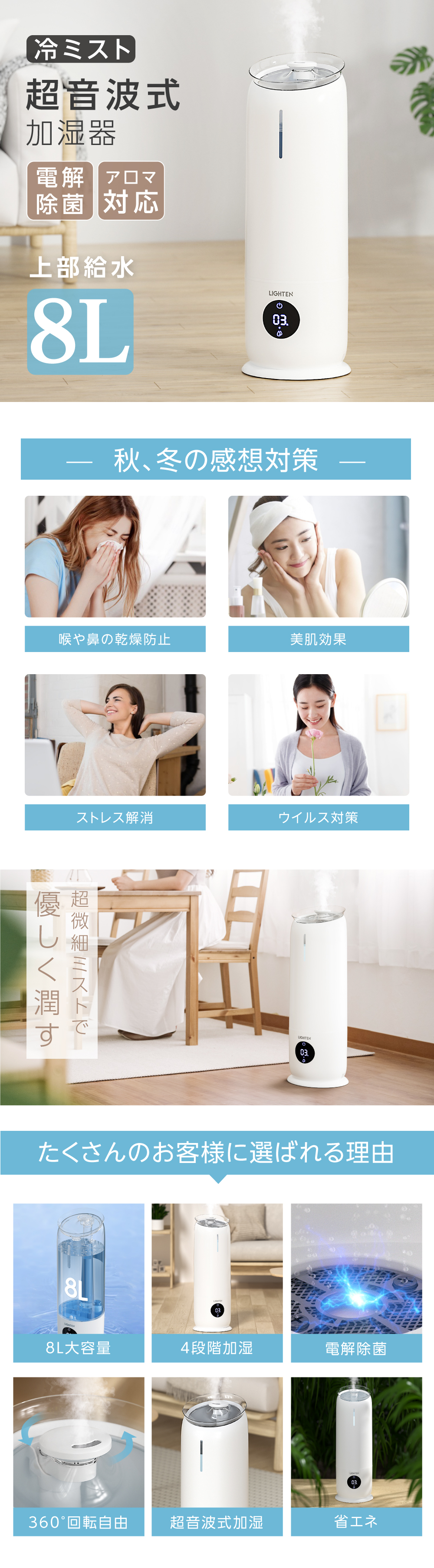 超音波加湿器 電解次生成器付き 大容量8L 四段階調節 上部給水 卓上