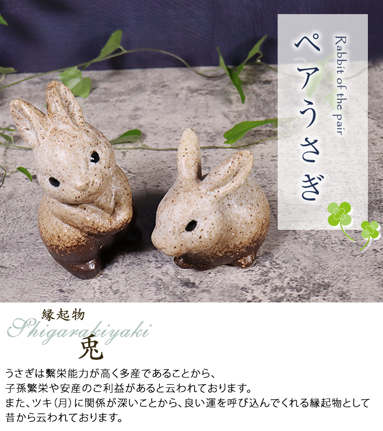 信楽焼 ペアうさぎ 置物 玄関 セット かわいい 陶器 ウサギ 兎 焼き物