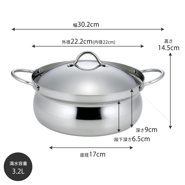 送料無料】IH対応 アルミ芯 3層鋼 土鍋風なべ 22cm 日本製 ステンレス