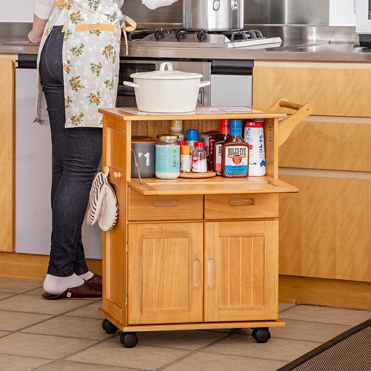 キッチンワゴン キッチンラック 天然木 フラップ式 キャスター付き