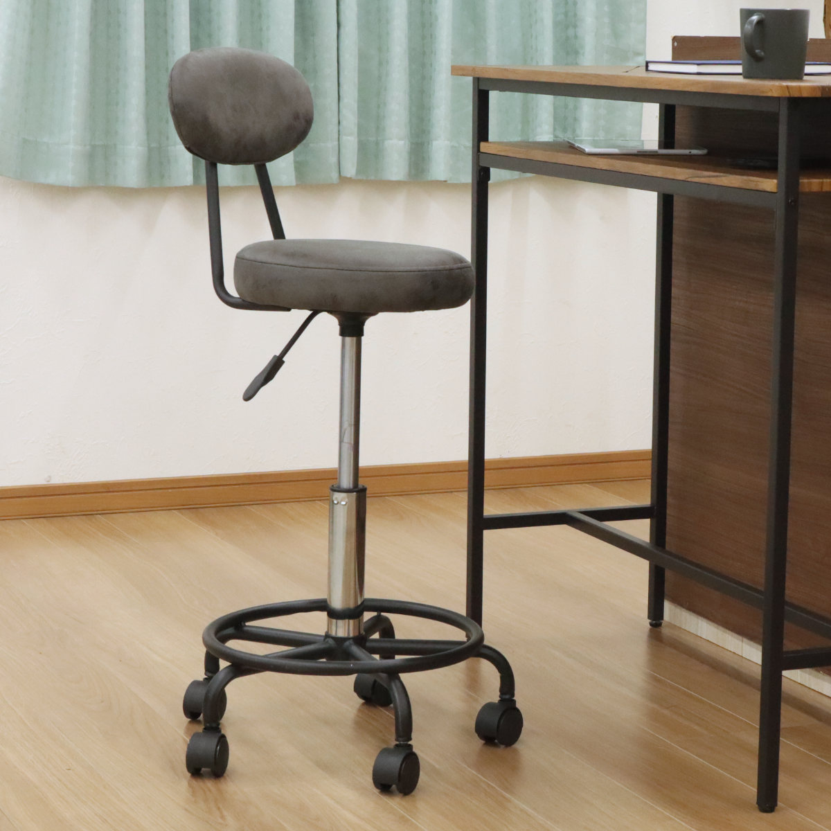 キャスター付きチェア 背付き 昇降式 回転式 座面高51.4～67.4cm （ 丸