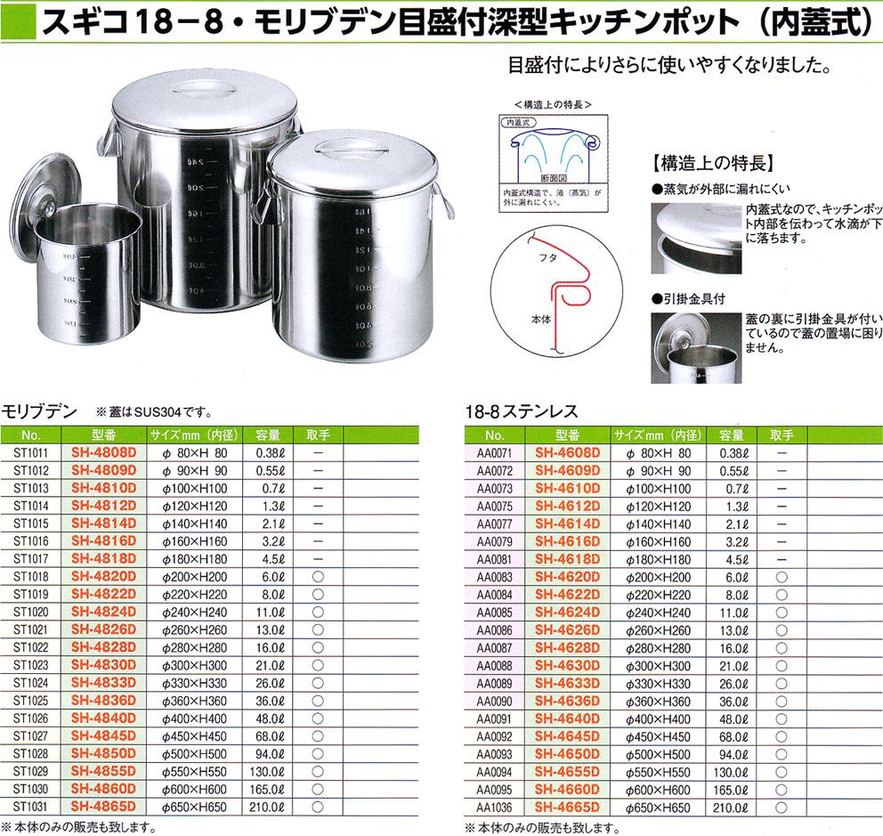 スギコ キッチンポット 目盛付 モリブデン 18-8