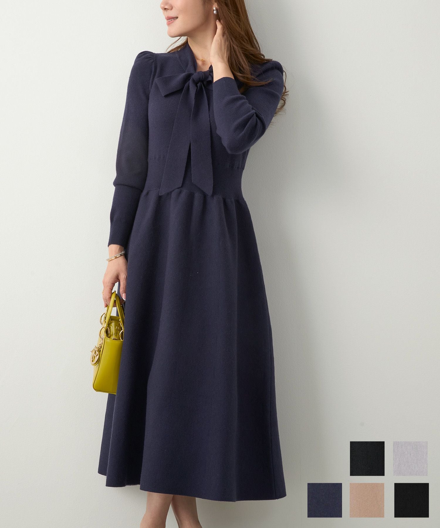 SPRING-SALE ボウタイ ニット ワンピース Liala×PG 全5色｜lpg341-2034