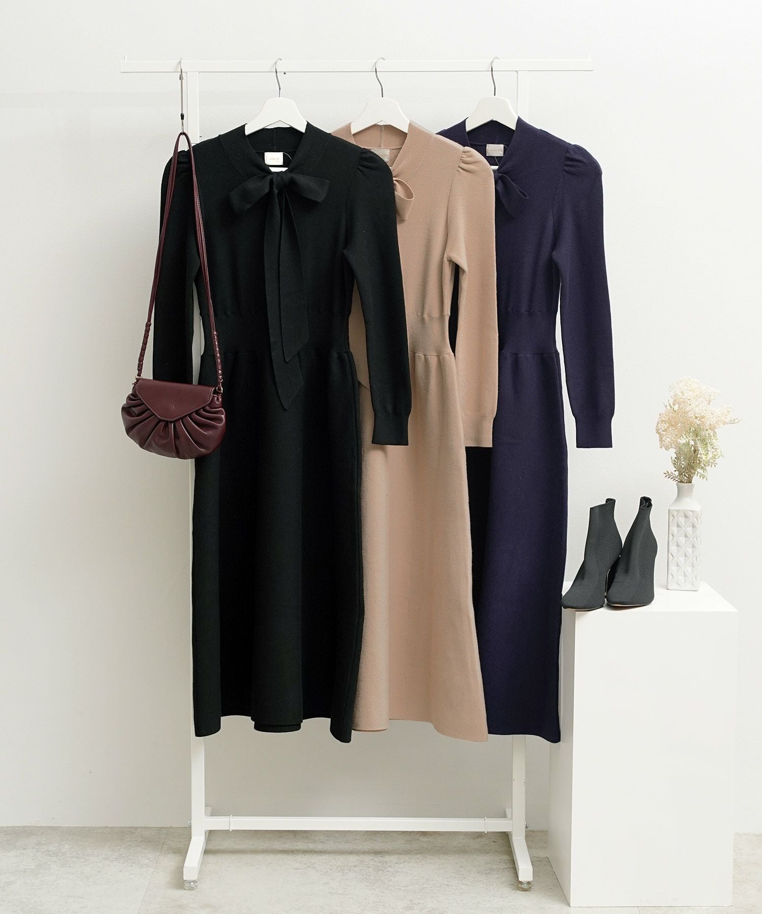 SPRING-SALE ボウタイ ニット ワンピース Liala×PG 全5色｜lpg341-2034