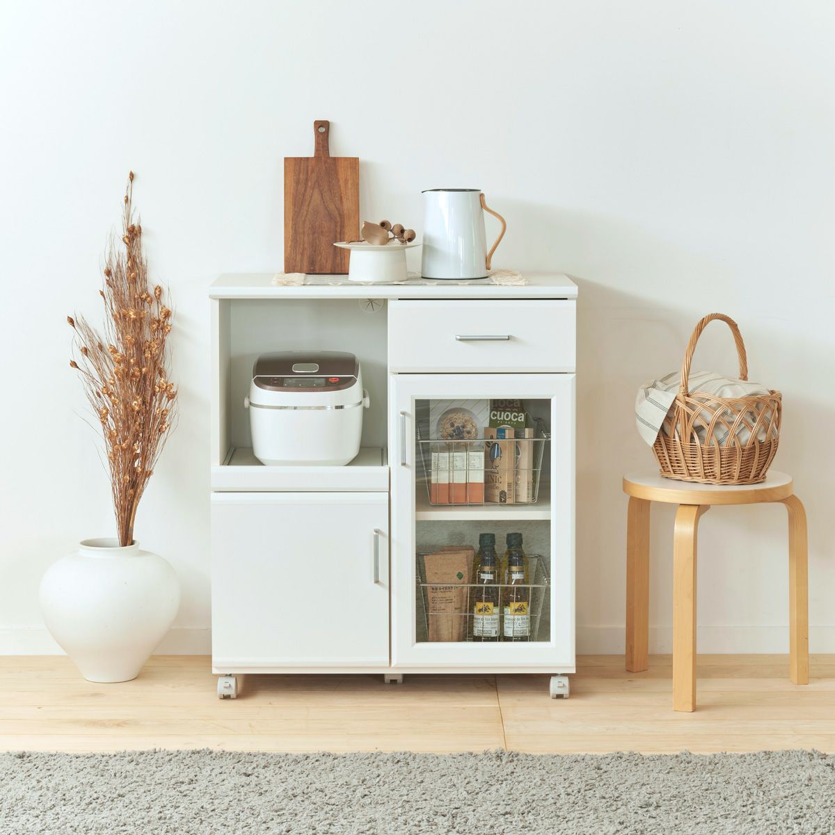 カウンターワゴン レンジ台 幅74cm 高さ85cm ホワイト 白 スライド棚