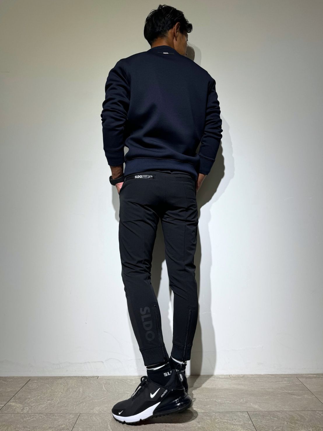 NEW STDダブルクロスストレッチリブパンツ/BLACK×BLACK LOGO (UNISEX