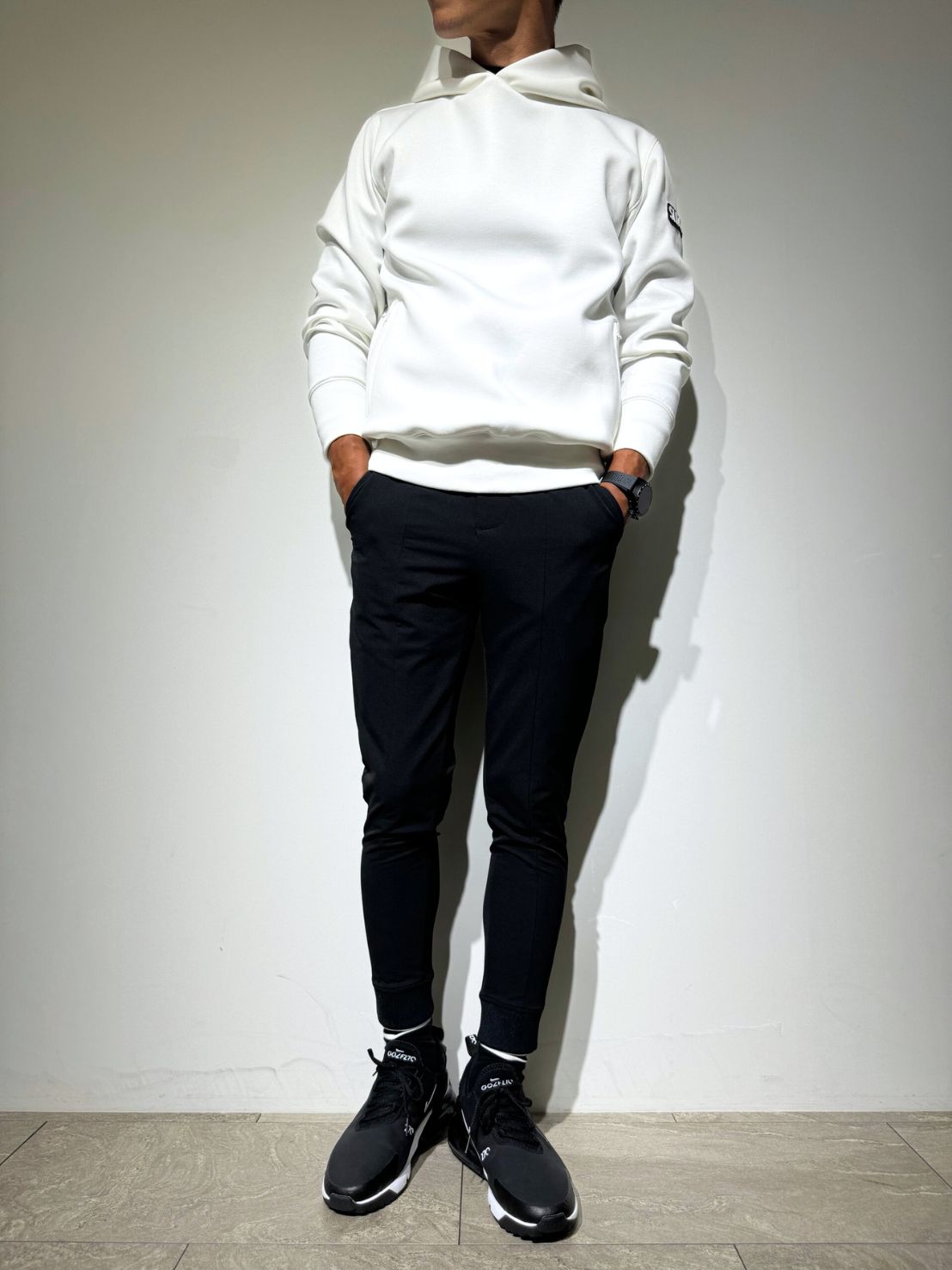 NEW STDダブルクロスストレッチリブパンツ/BLACK×BLACK LOGO (UNISEX