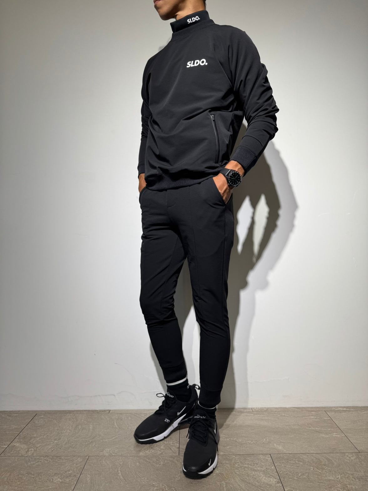 NEW STDダブルクロスストレッチリブパンツ/BLACK×WHITE LOGO(UNISEX