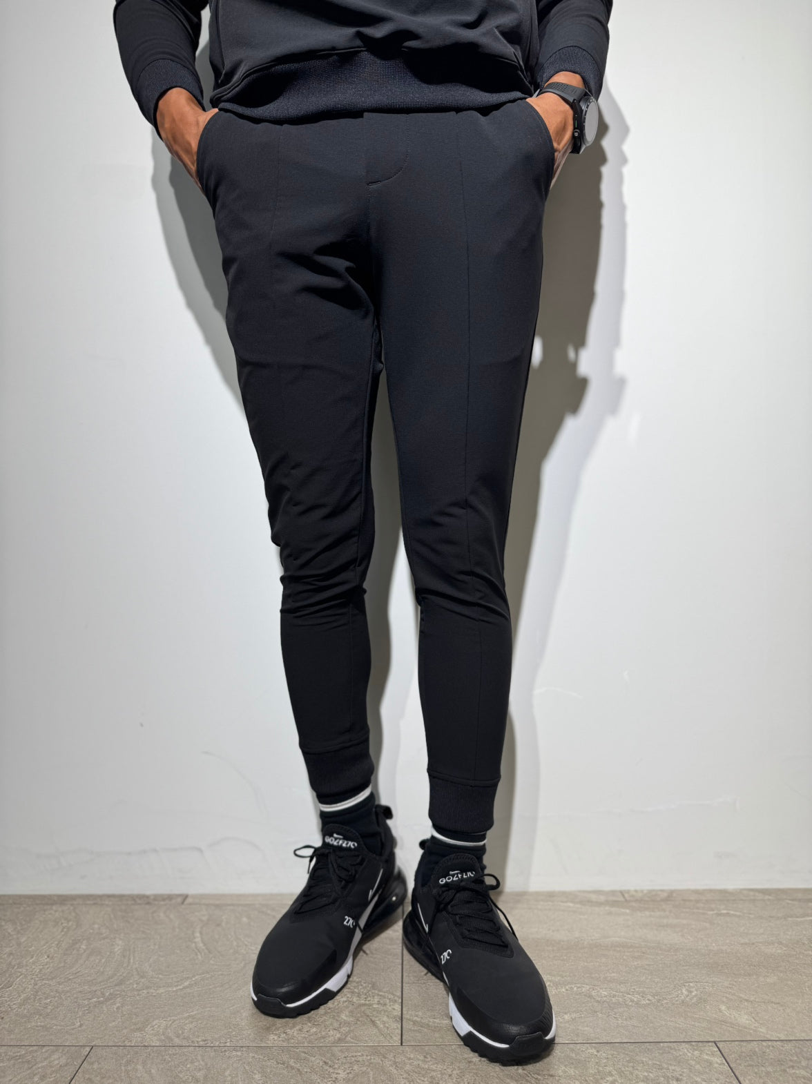 NEW STDダブルクロスストレッチリブパンツ/BLACK×WHITE LOGO(UNISEX