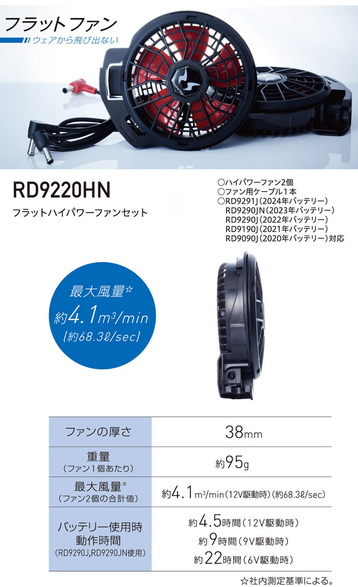 空調風神服|空調ウェア|RD9220HN ハイパワーフラットファンセット|作業
