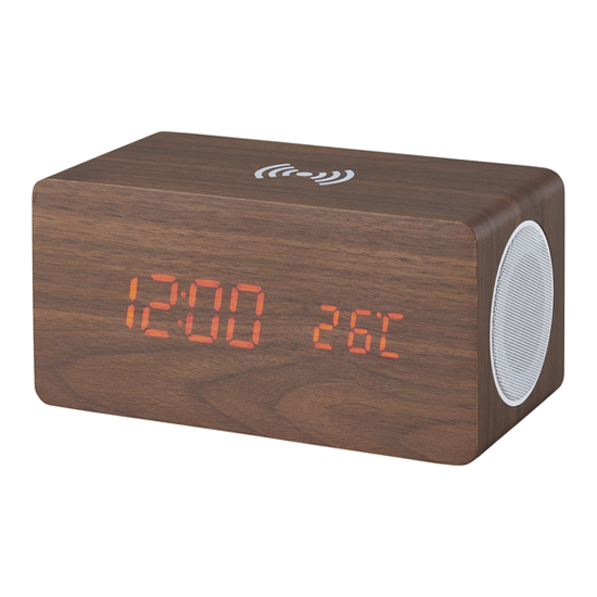 スピーカー・ワイヤレス充電機能付ウッド調クロック SI212802｜ 記念品