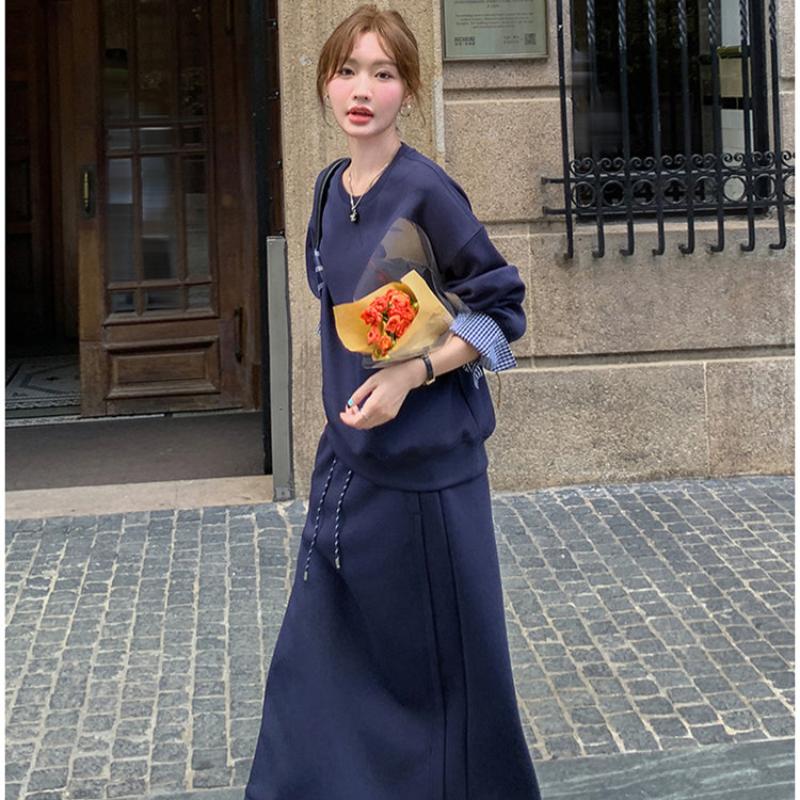 チェックカフストレーナー×スカートセット（青/チェック）秋/冬 大人