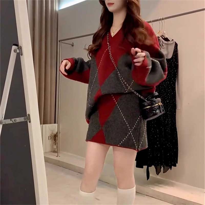 アーガイル柄ニットセットアップ(2colors)（灰・赤）秋/冬 アーガイル