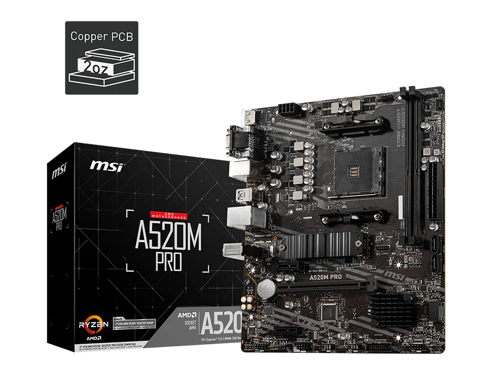 MSI A520M PRO Motherboard (AMD Ryzen 3000 3rd Gen AM4, DDR4, M.2