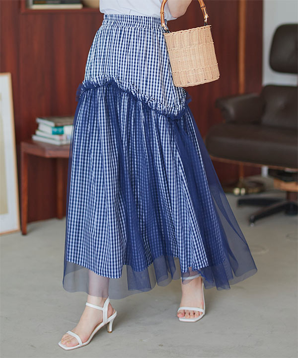 ティアードチュールギンガムチェックマキシスカート [M4082