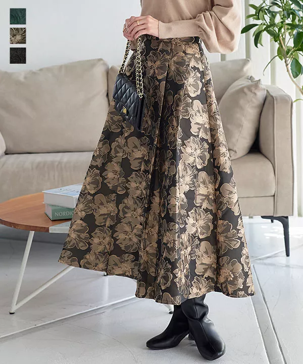 ジャガード花柄タックフレアスカート [M3975] - レディース