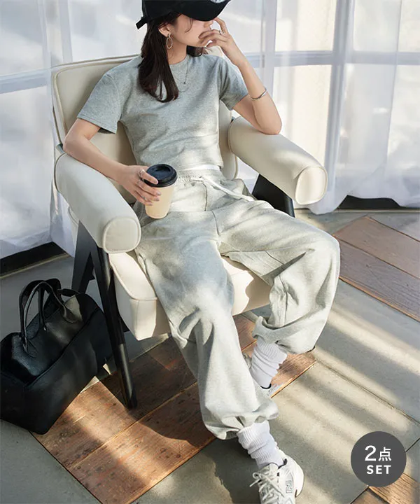 クロップドTシャツ×ダブルウエストパンツセットアップ [E3530]| SALE