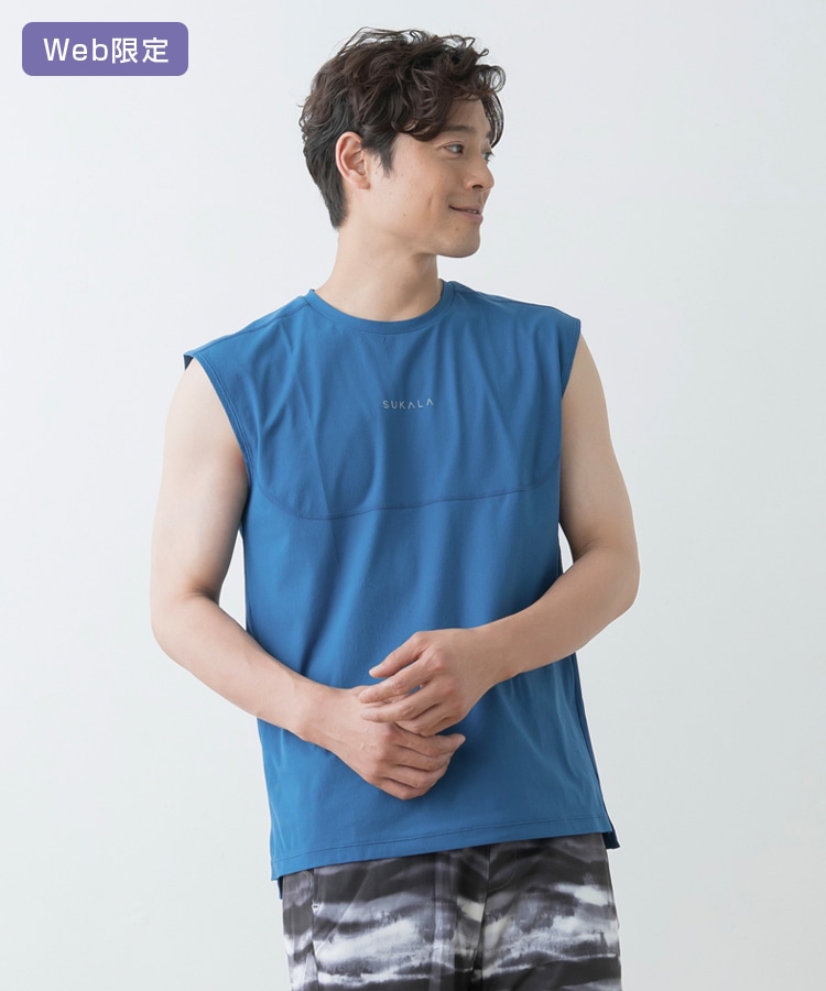 SUKALA】メンズペーパーライクノースリーブ(Lサイズ ネイビーブルー