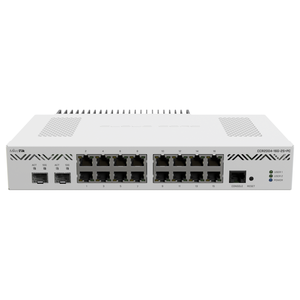 CCR2004-16G-2S+PC: 4 core ARM 64 bit CPU, 16 GbE, dual 10G SFP+