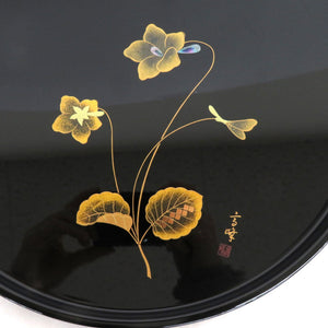 骨董・民芸品 会津塗 高峰 平盆 丸盆 お盆 金彩 螺鈿 花 漆器 漆芸