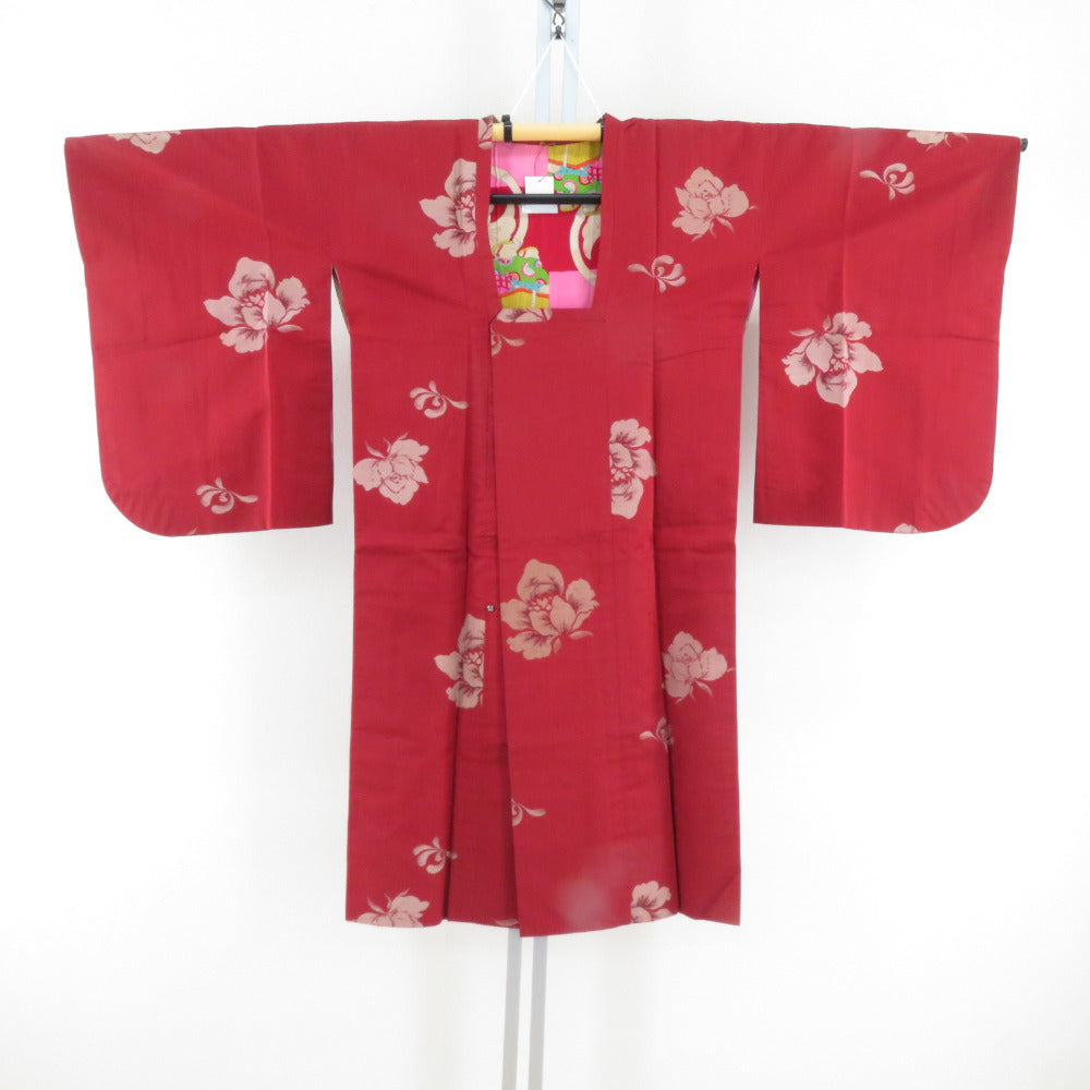 着物コート アンティーク 昔道行 絹 赤色 薔薇模様 レトロ【中古