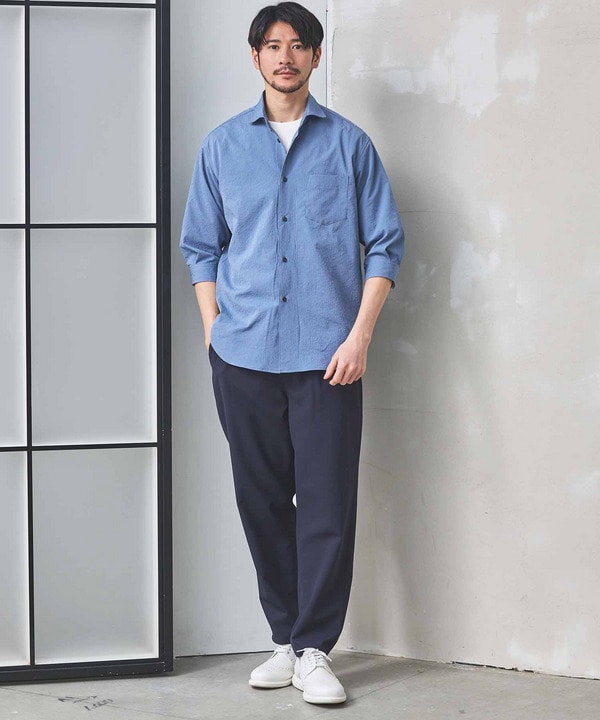 ナチュラルストレッチワッシャー七分袖ワイドカラーシャツ｜メンズ