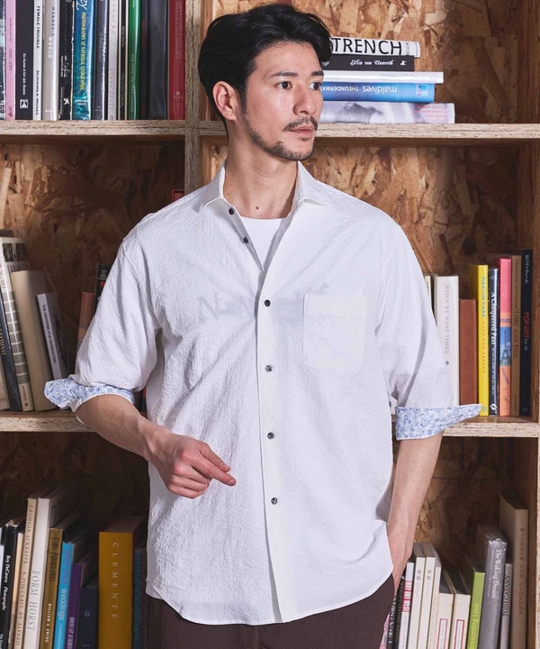 ナチュラルストレッチワッシャー七分袖ワイドカラーシャツ｜メンズ