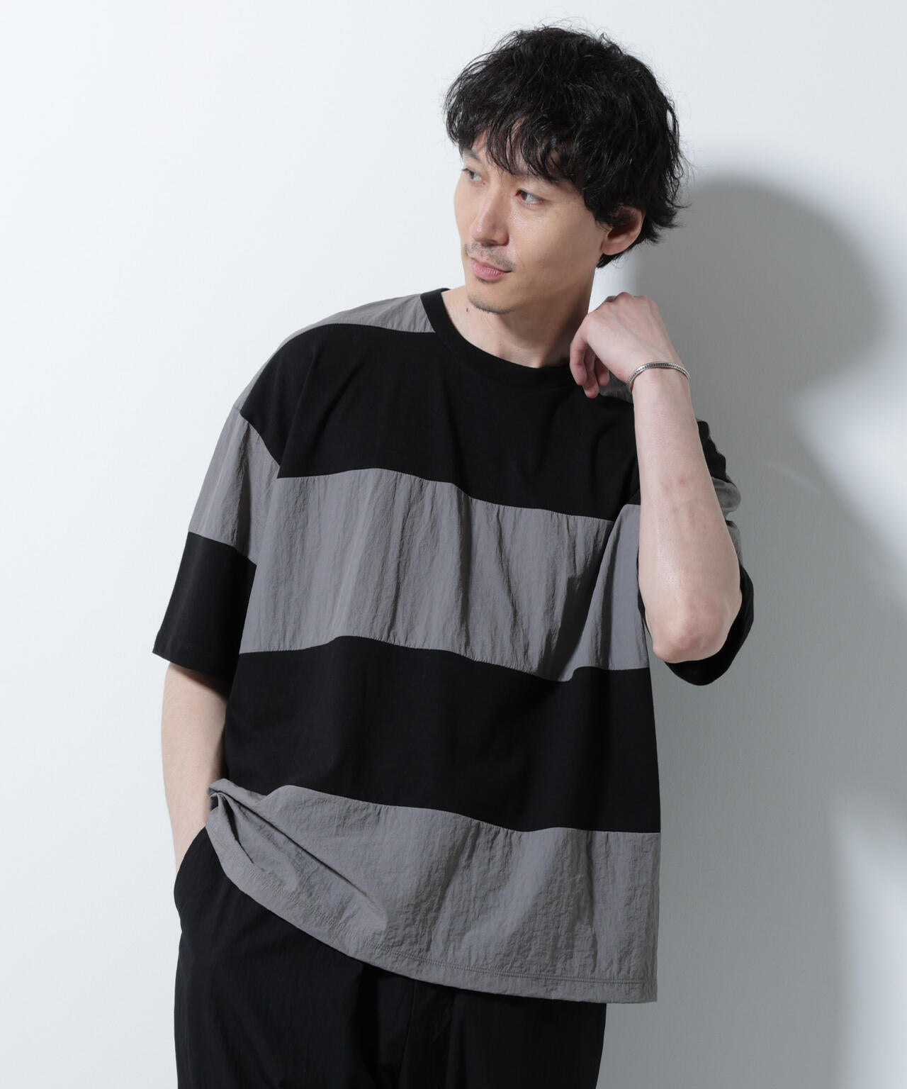 リラックス異素材ボーダー Tシャツ 半袖