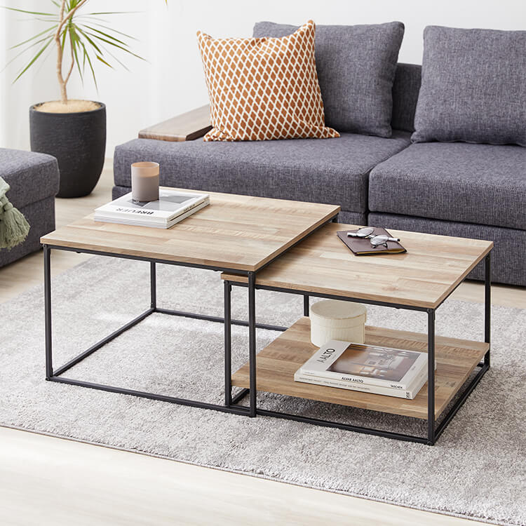 幅60][幅75]木目調ネストテーブル スチール脚 リビングテーブル