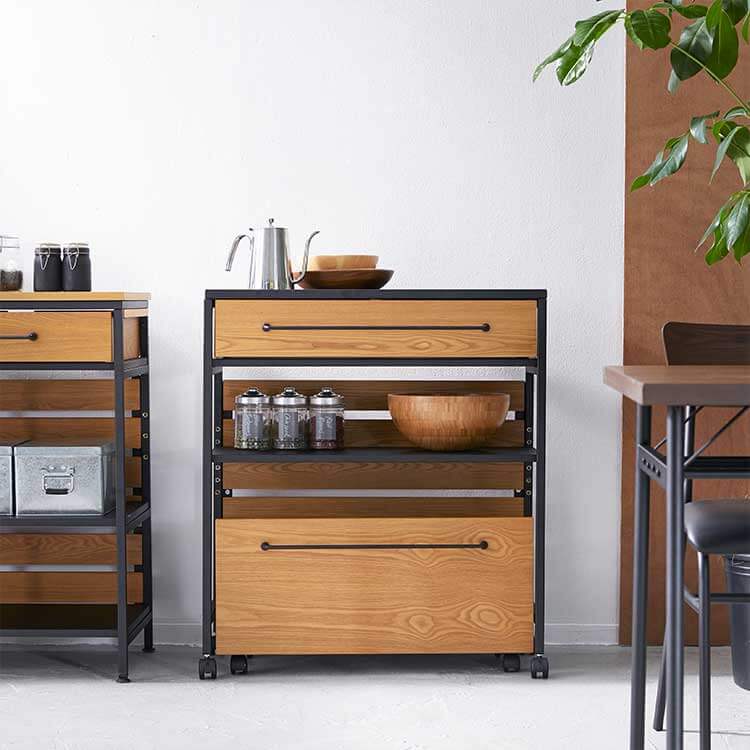 キッチン収納(ブラウン/ハニー+ブラック)キャスター付きで異素材MIX