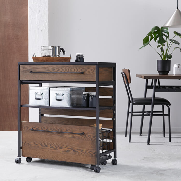 キッチン収納(ブラウン/ハニー+ブラック)キャスター付きで異素材MIX