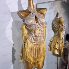 ラテンドレス 社交ダンス用ゴールドフリンジドレス ラテンダンスドレス