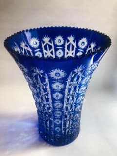 切子 青被せ ガラス 花瓶 カットガラス フラワーベース - メルカリ