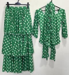 フラメンコ衣装 ツーピース+スカーフ グリーン×白水玉 ストレッチ