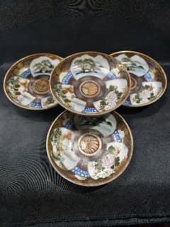 九谷焼 色絵金彩小皿4枚 明治骨董 手描き 古美術 旧家蔵出し 送料無料