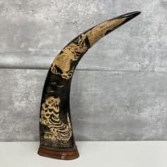 水牛の角 龍虎彫刻 鱗 縁起物 骨董品 工芸品 置物 インテリア オブジェ