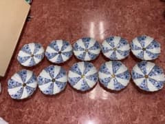 YP1023 有田焼 西山窯 古伊万里 金彩染付亀甲唐草文 菊割小皿 10枚