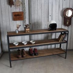 古いアイアンフレームと古材の収納棚 食器棚 オープンラック 靴棚 古