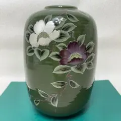 九谷焼 香祥 緑彩花 花瓶 アンティーク 緑色の花瓶 花柄 陶器製0006