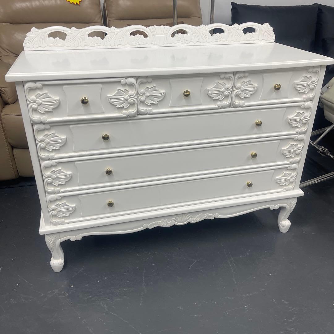 ホワイトキャビネット 5引き出し 彫刻デザインSALE 高級イタリア家具 レオナルド(REONARD) サイドボードキャビネット