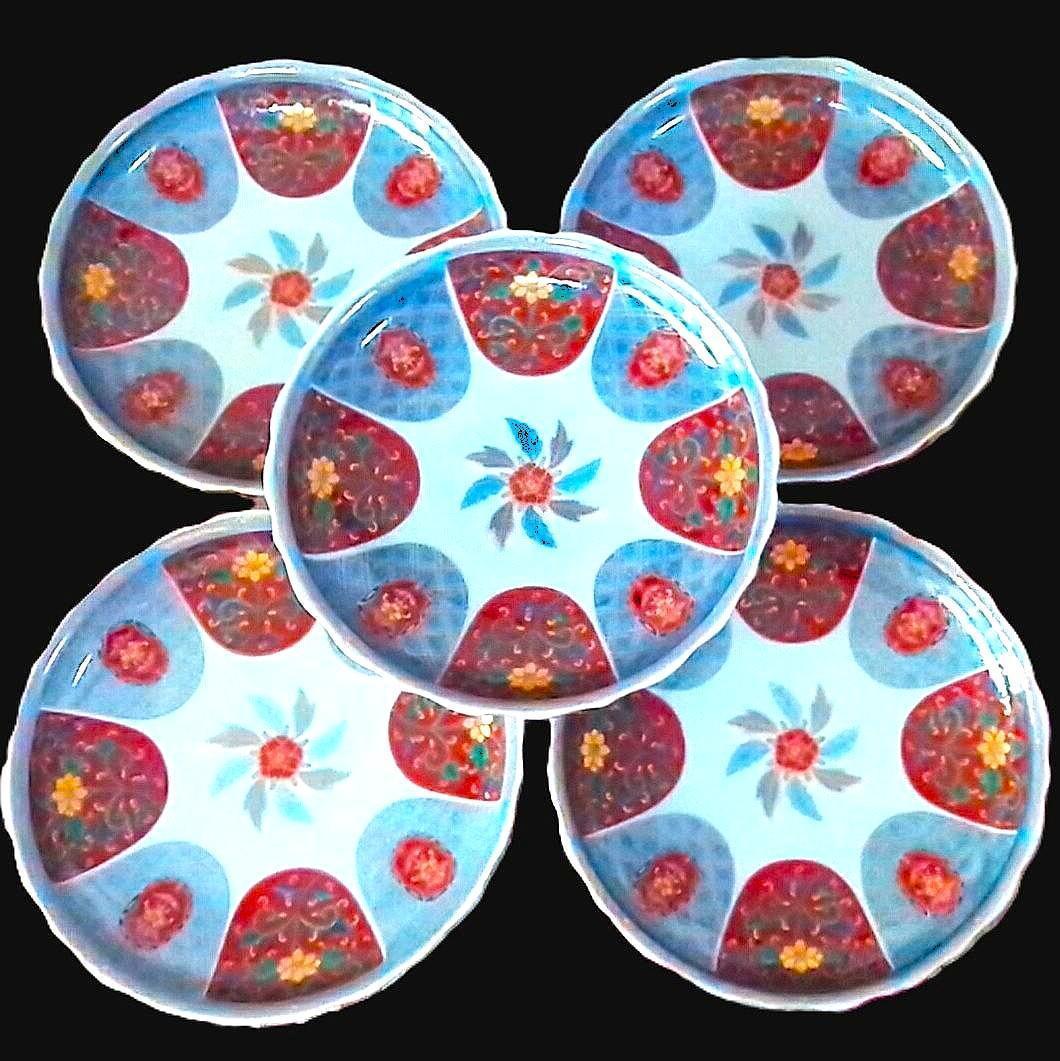 新品木箱入5客 林九郎窯 金彩赤絵輪花皿 染錦和皿揃 - メルカリ