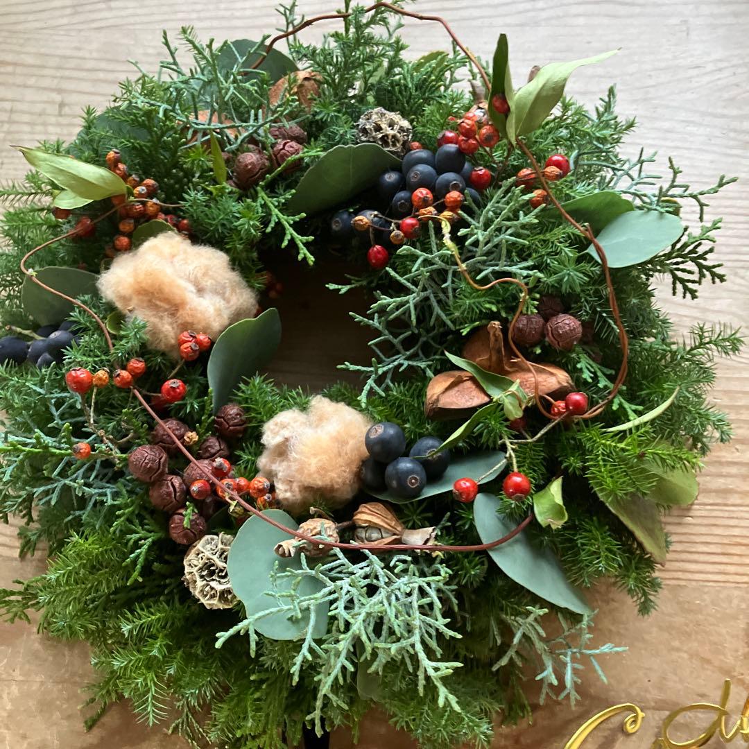 コットンと賑やかな森のクリスマスリース シャリンバイ 野バラの実