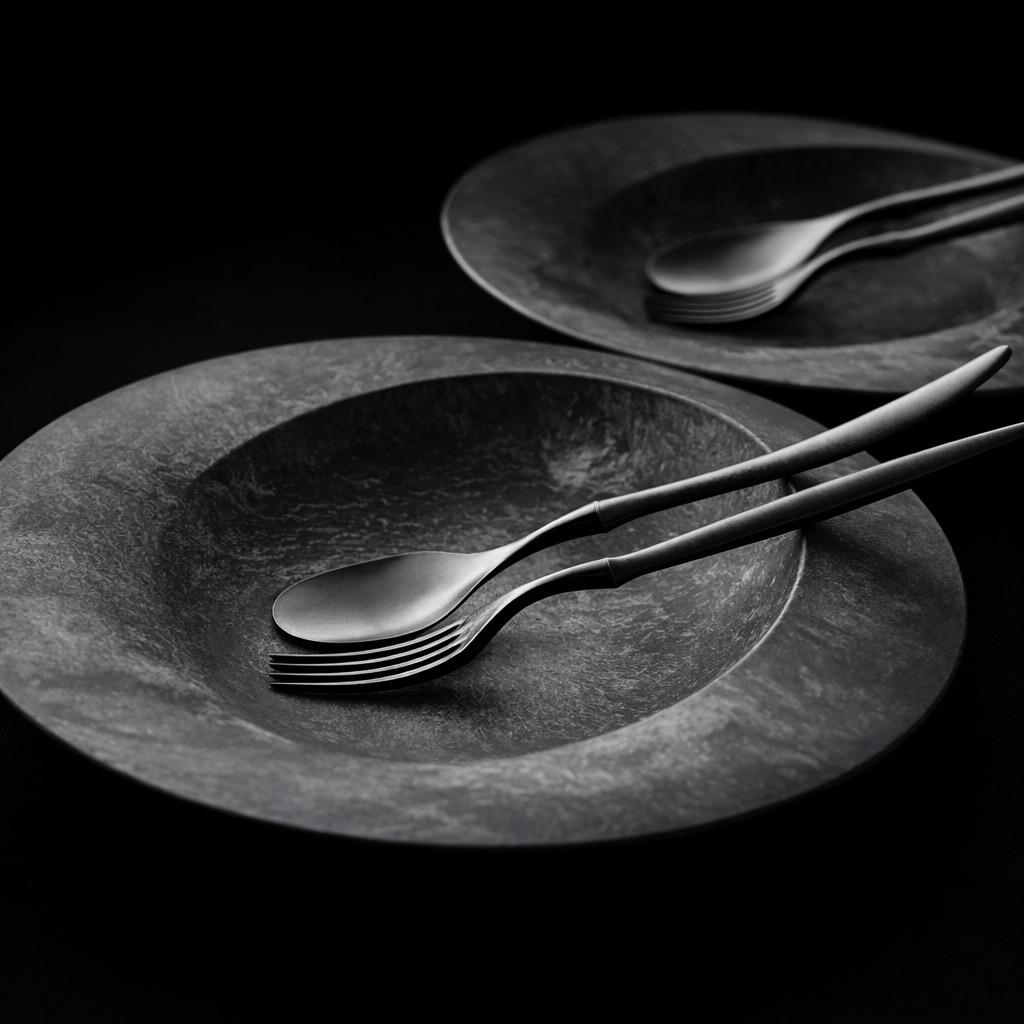 ARAS エイラス 杉皮ブラック 深皿スクープ & カトラリー ペアセット